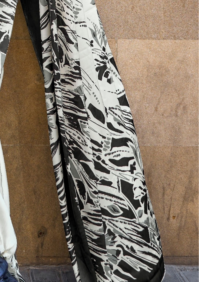 Black and White Print Satin Crepe Sarees