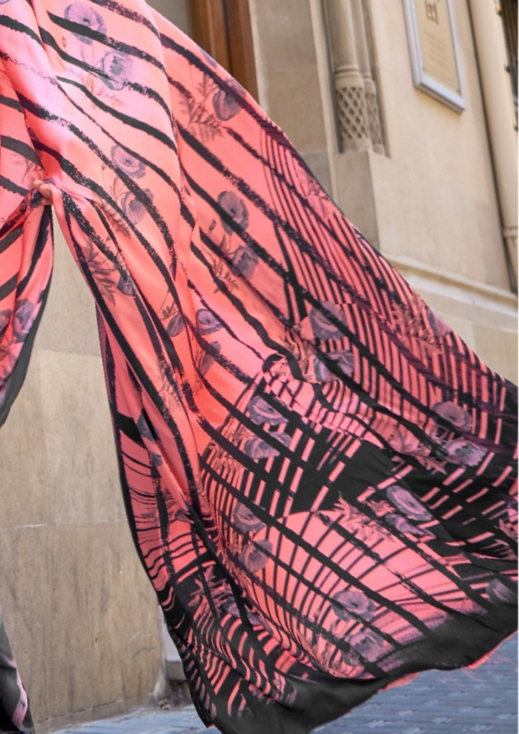 Coral Pink Print Satin Crepe Sarees