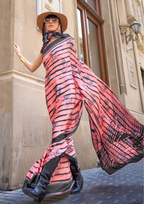 Coral Pink Print Satin Crepe Sarees
