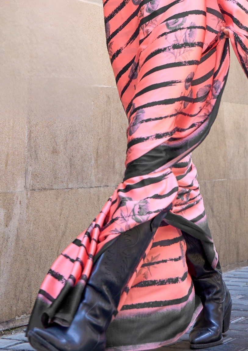 Coral Pink Print Satin Crepe Sarees
