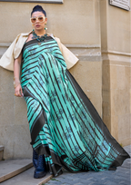 Teal Print Satin Crepe Sarees