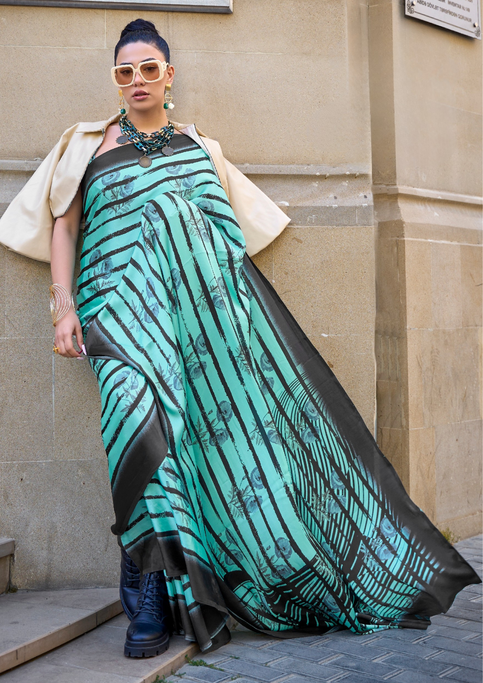Teal Print Satin Crepe Sarees