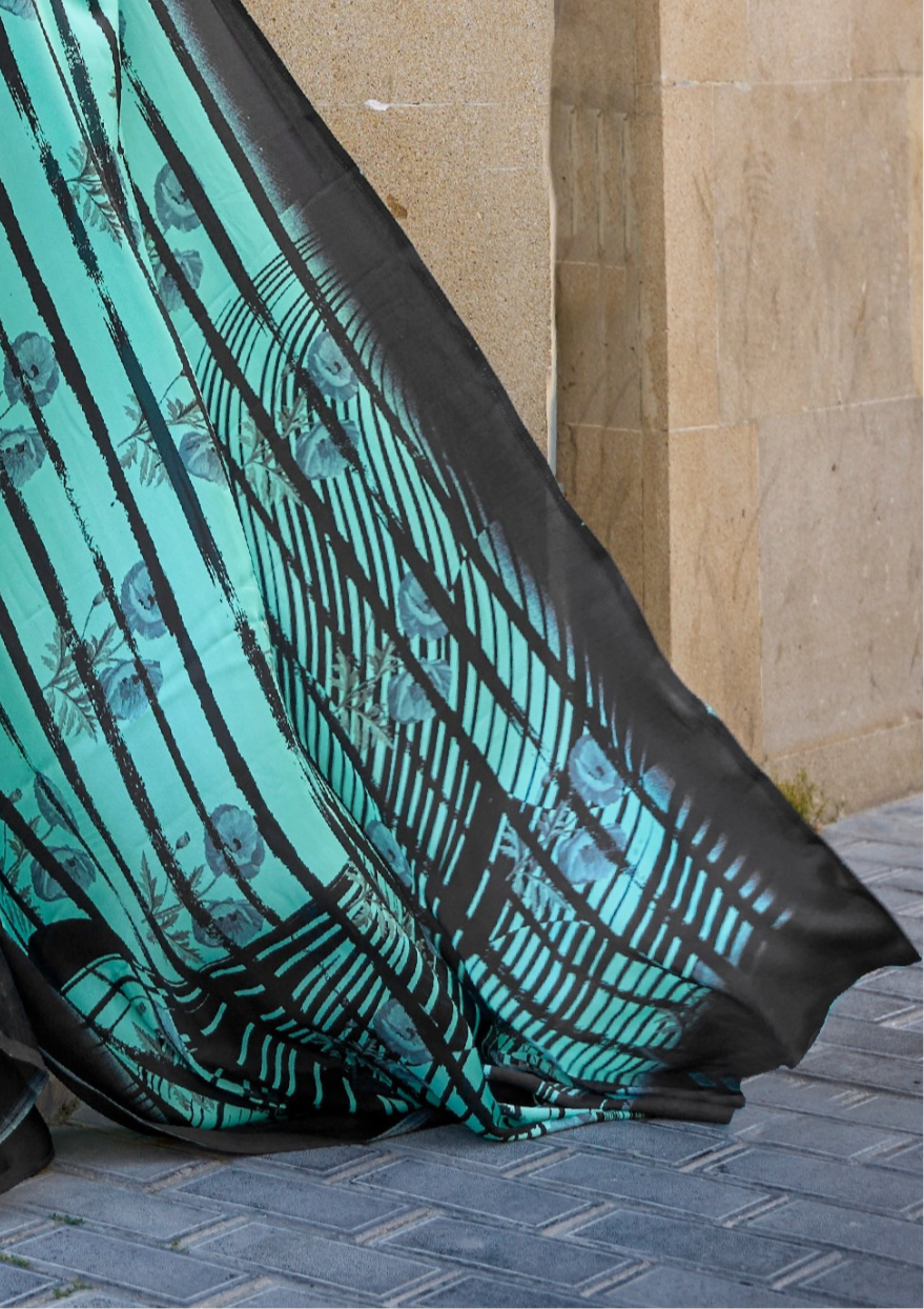 Teal Print Satin Crepe Sarees