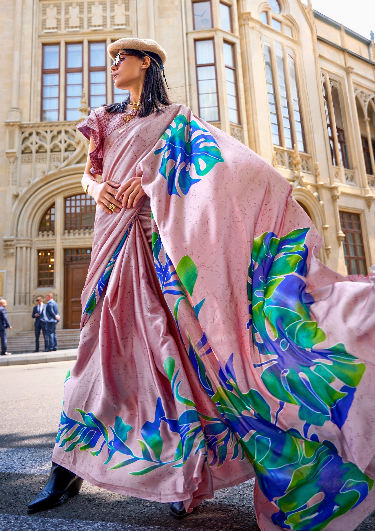 Mauve Pink Print Satin Crepe Sarees