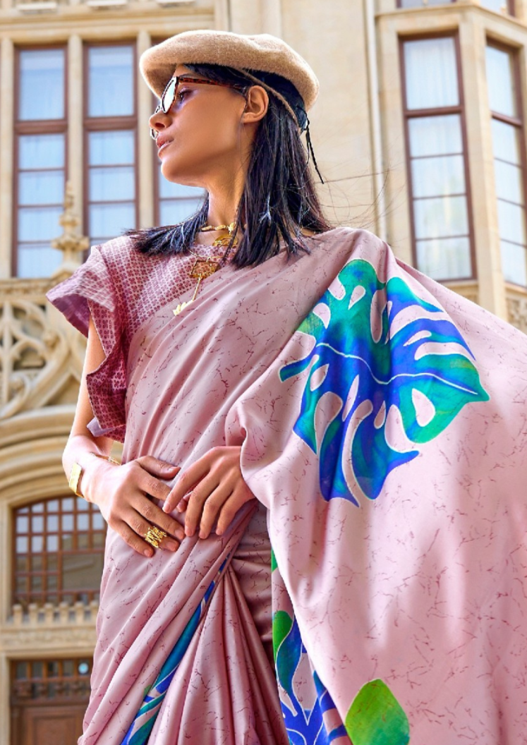 Mauve Pink Print Satin Crepe Sarees