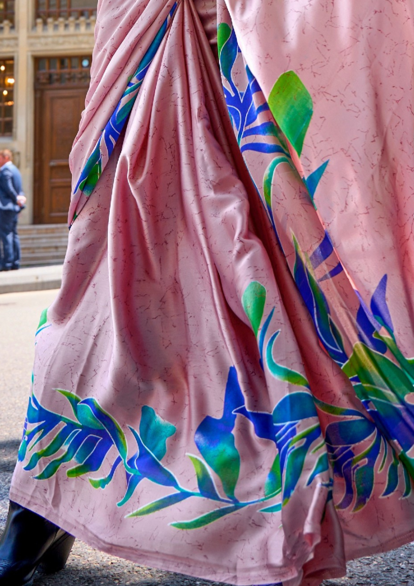 Mauve Pink Print Satin Crepe Sarees
