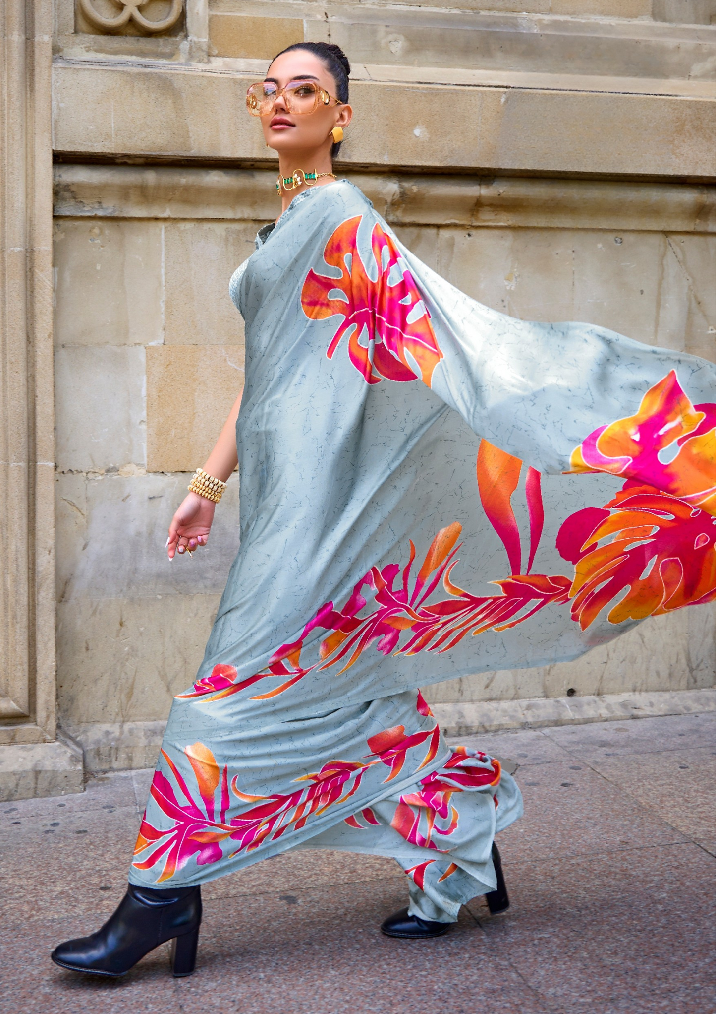 Silver Print Satin Crepe Sarees