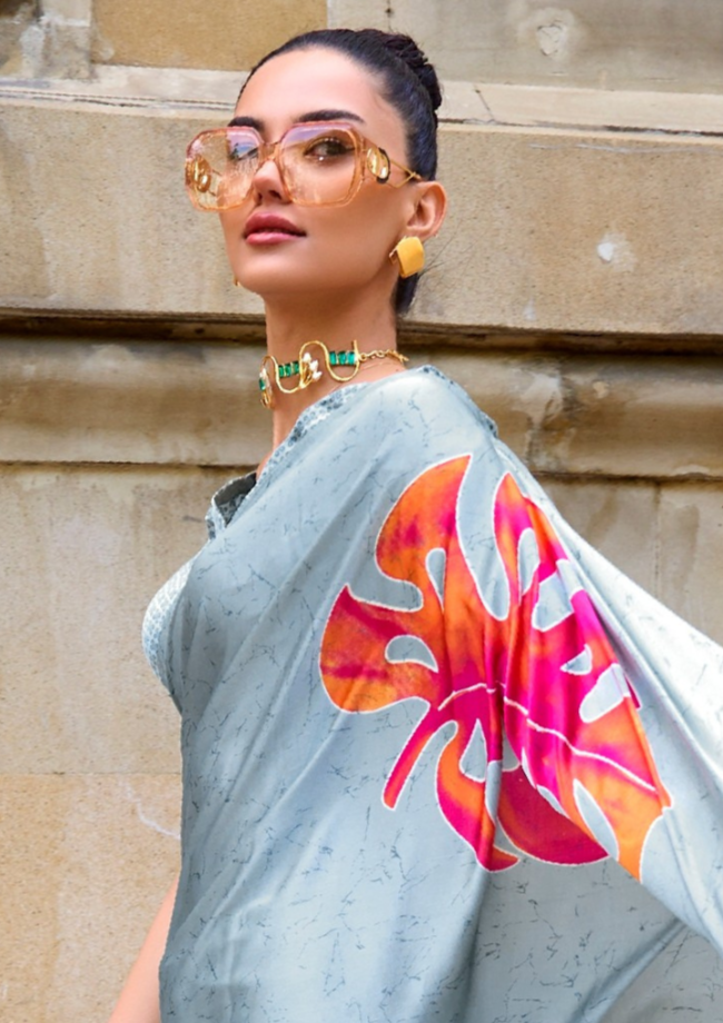 Silver Print Satin Crepe Sarees