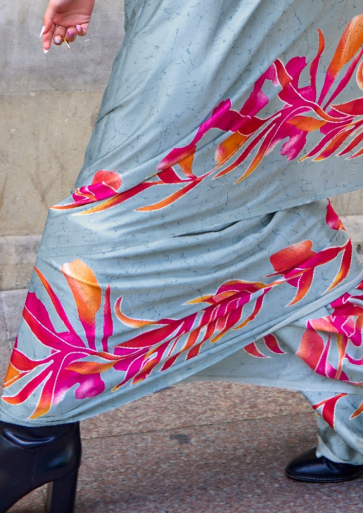 Silver Print Satin Crepe Sarees