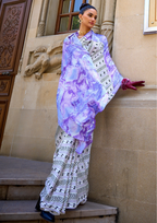 Lavender and White Print Satin Crepe Sarees