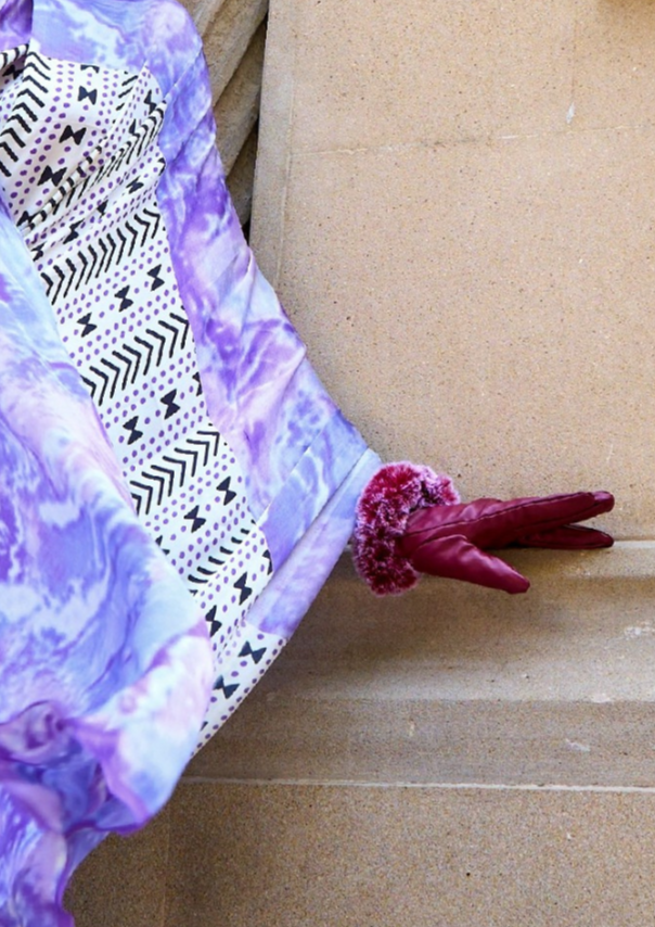 Lavender and White Print Satin Crepe Sarees