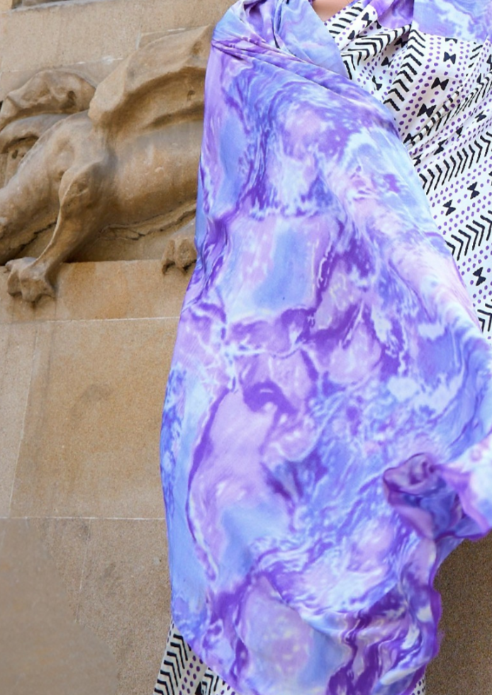 Lavender and White Print Satin Crepe Sarees