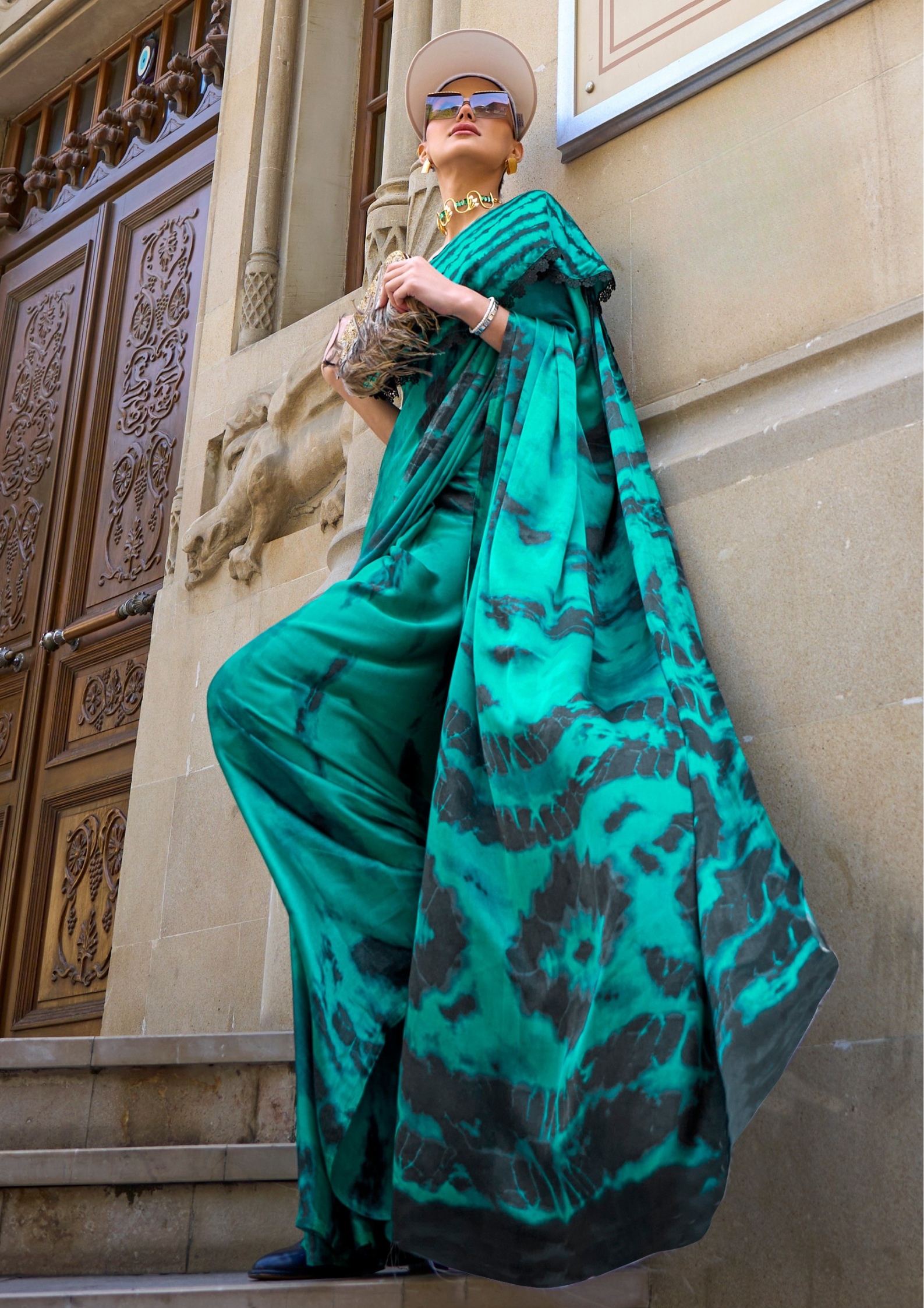 Emerald Green Print Satin Crepe Sarees