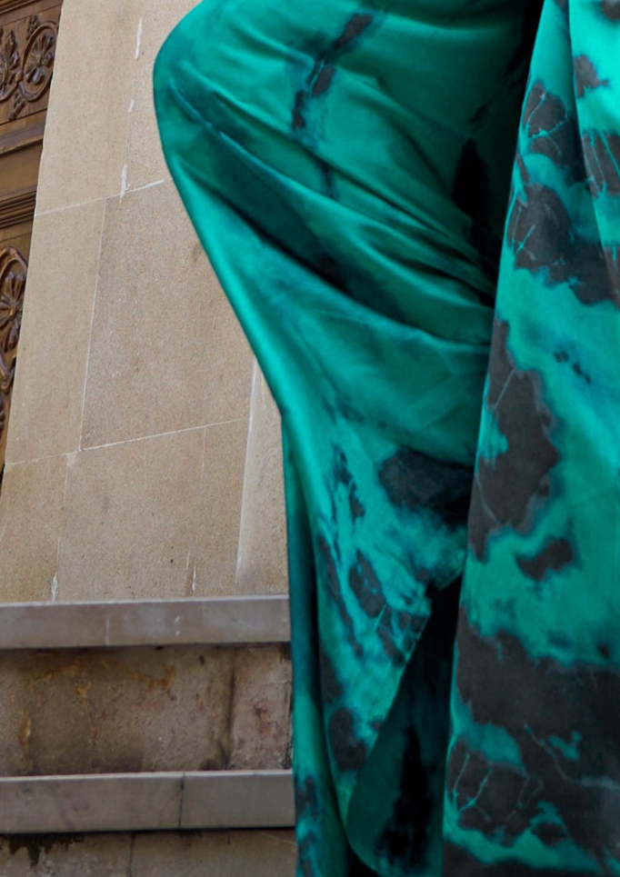 Emerald Green Print Satin Crepe Sarees