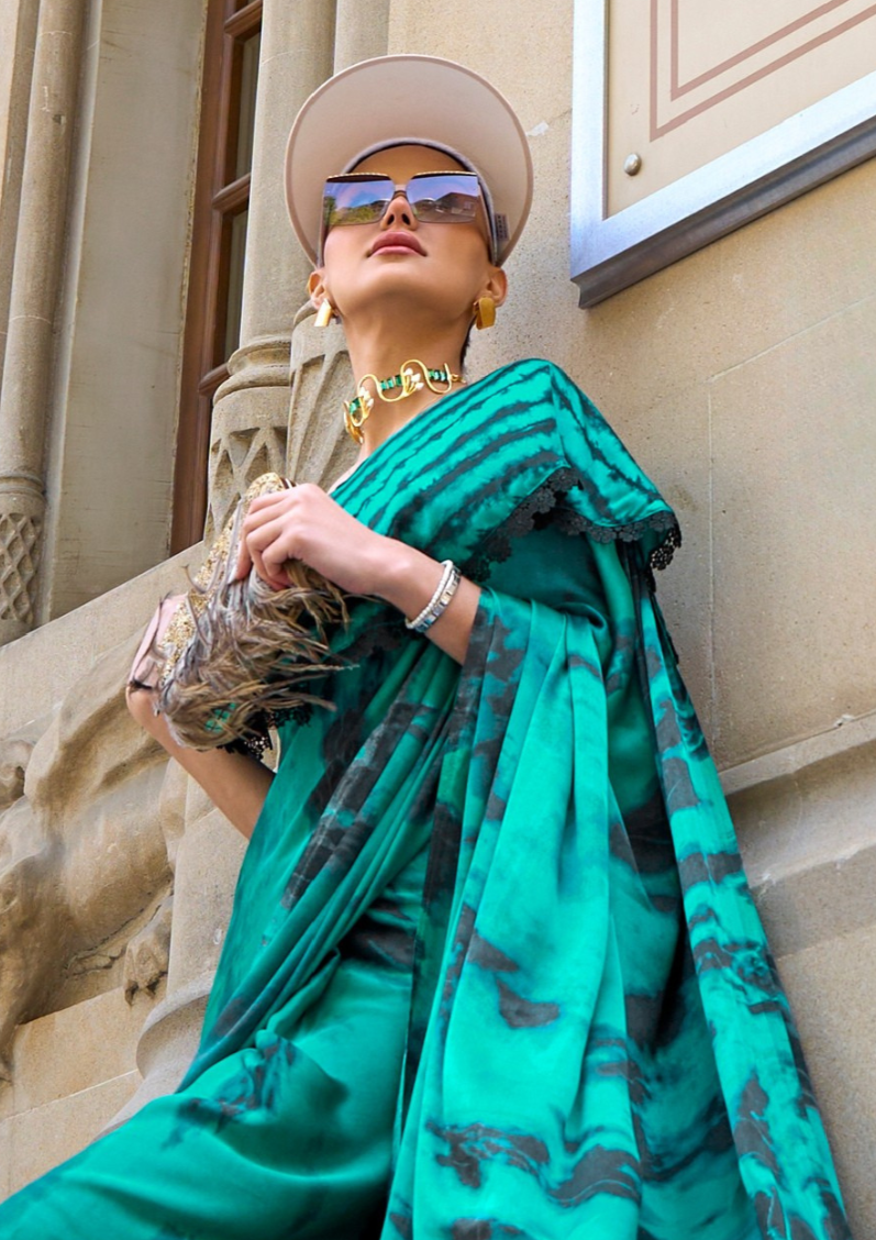 Emerald Green Print Satin Crepe Sarees