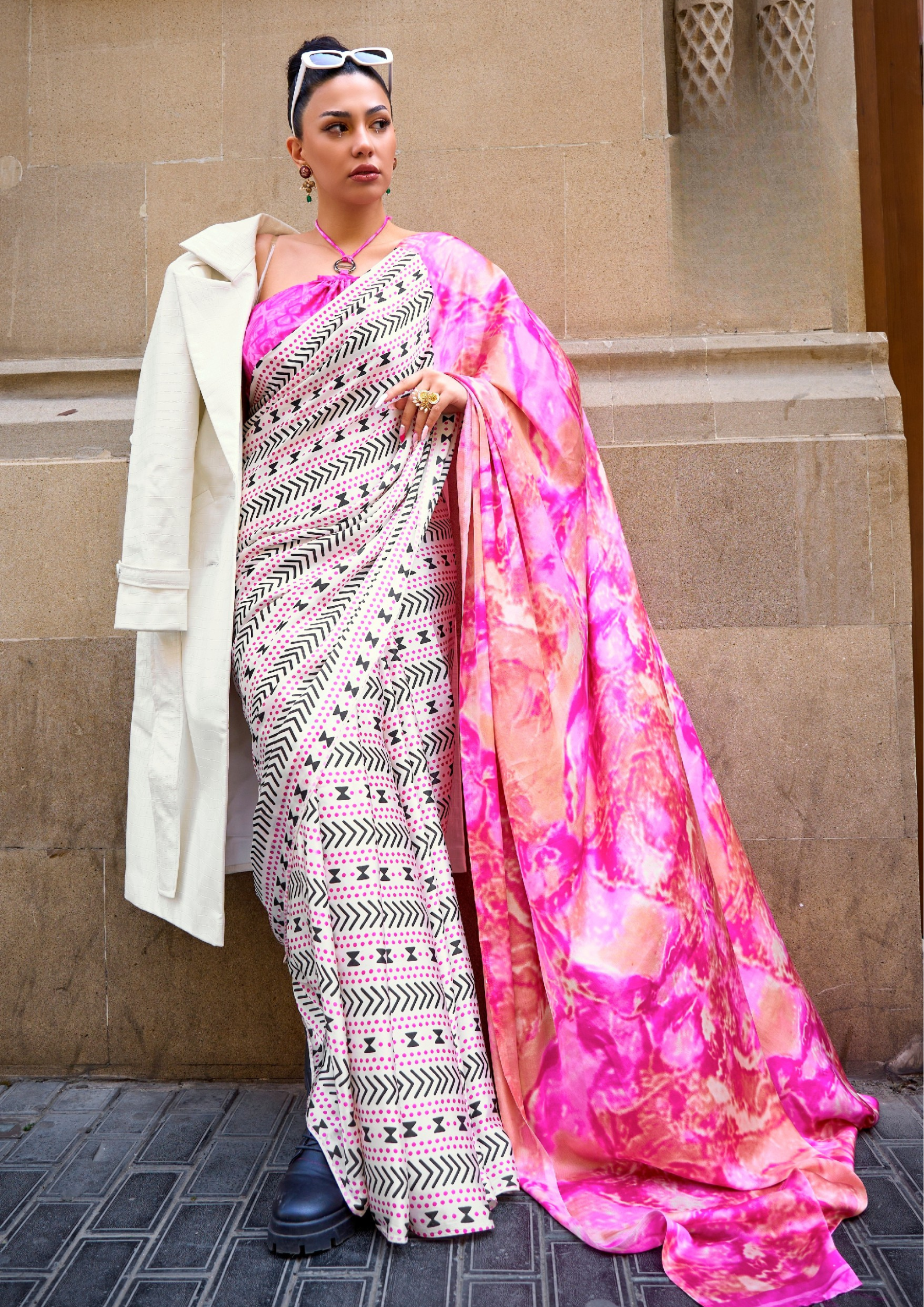 Peach and White Print Satin Crepe Sarees
