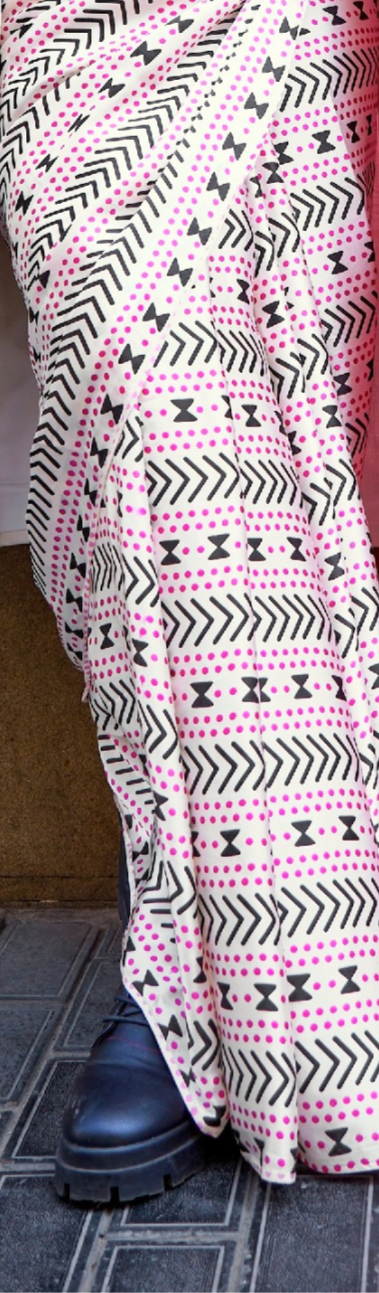 Peach and White Print Satin Crepe Sarees