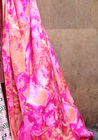 Peach and White Print Satin Crepe Sarees