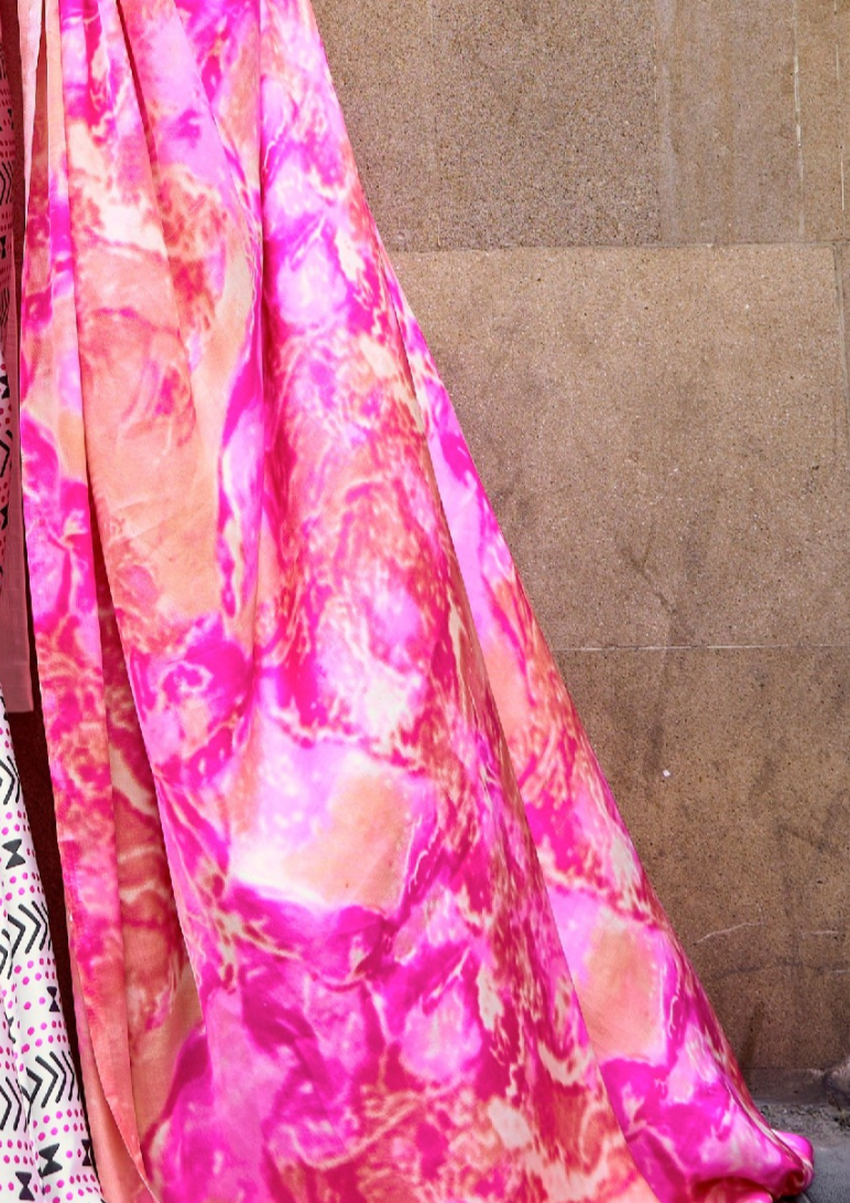 Peach and White Print Satin Crepe Sarees