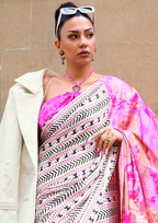 Peach and White Print Satin Crepe Sarees
