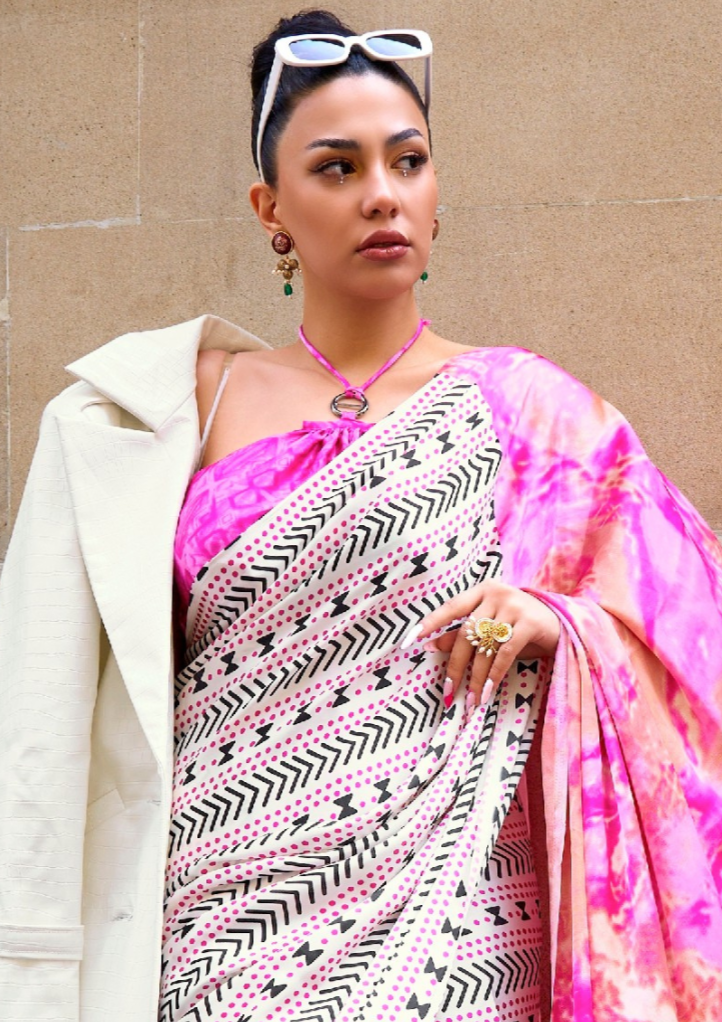 Peach and White Print Satin Crepe Sarees