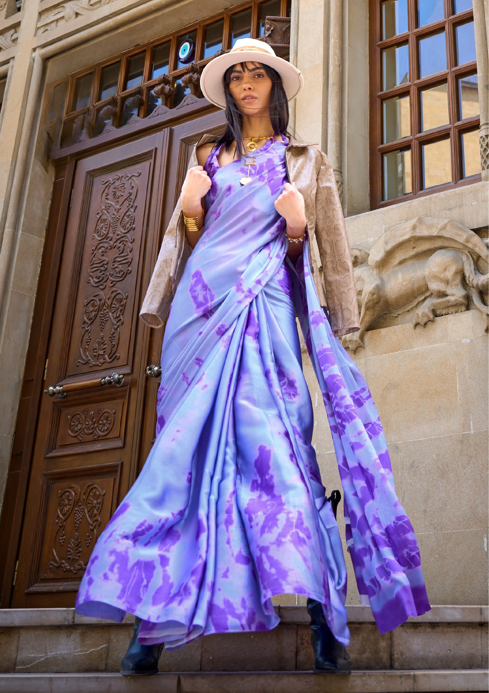 Lavender and Purple Print Satin Crepe Sarees