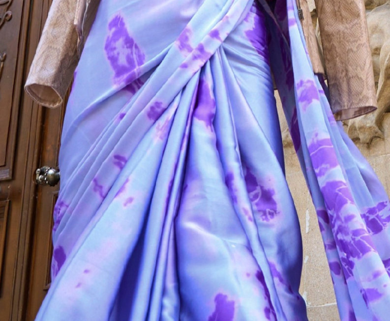 Lavender and Purple Print Satin Crepe Sarees