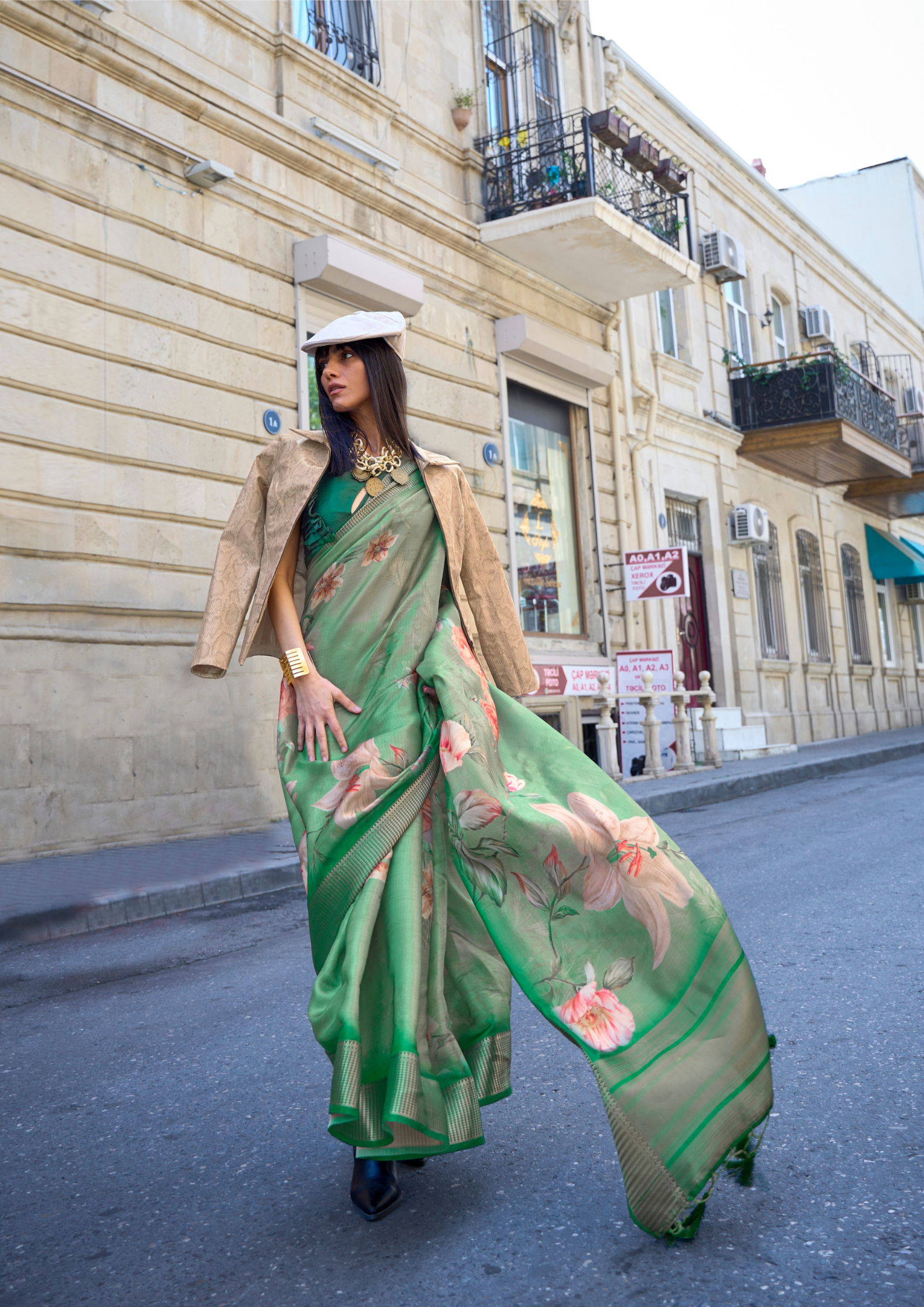 Emerald Green Print Satin Organza Weaving Saree