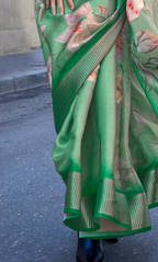 Emerald Green Print Satin Organza Weaving Saree