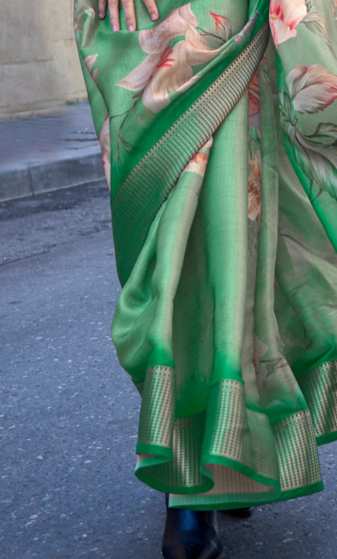 Emerald Green Print Satin Organza Weaving Saree