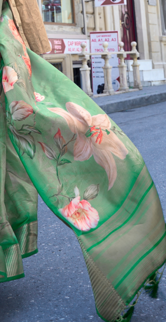 Emerald Green Print Satin Organza Weaving Saree