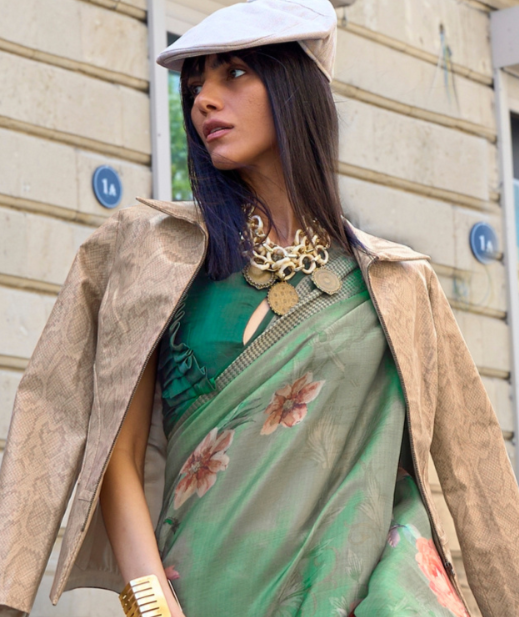 Emerald Green Print Satin Organza Weaving Saree