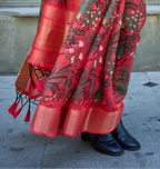 Crimson Red Print Satin Organza Weaving Saree