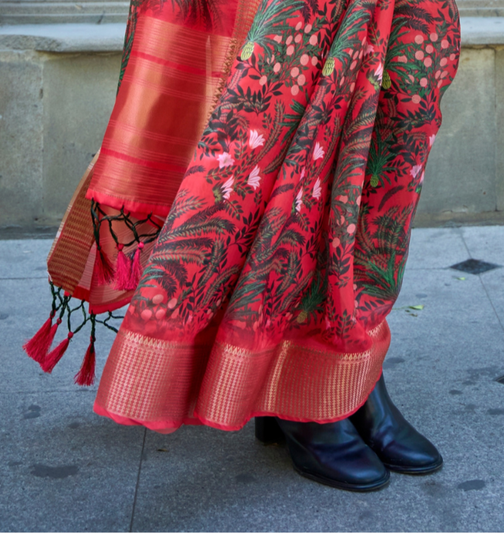 Crimson Red Print Satin Organza Weaving Saree