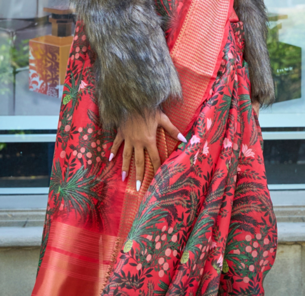 Crimson Red Print Satin Organza Weaving Saree