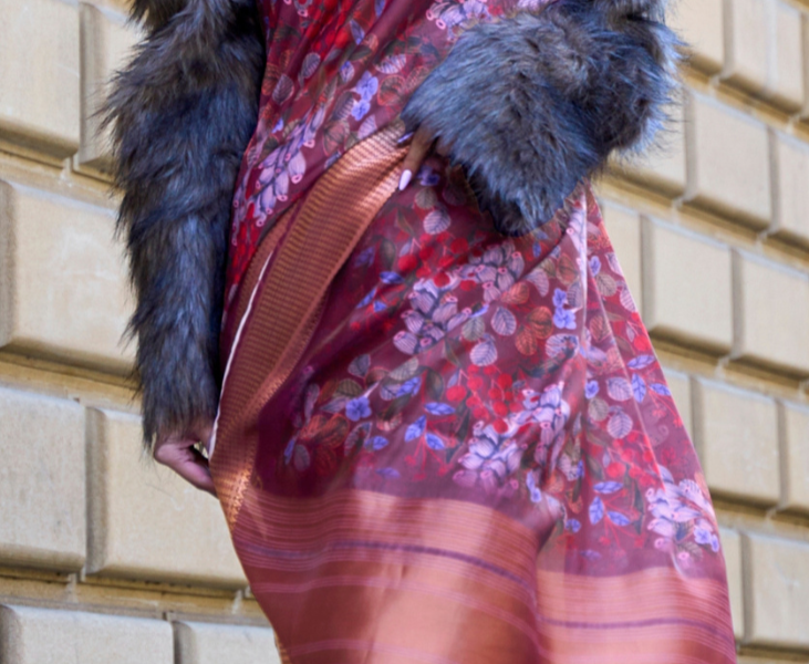 Burgundy Print Satin Organza Weaving Saree