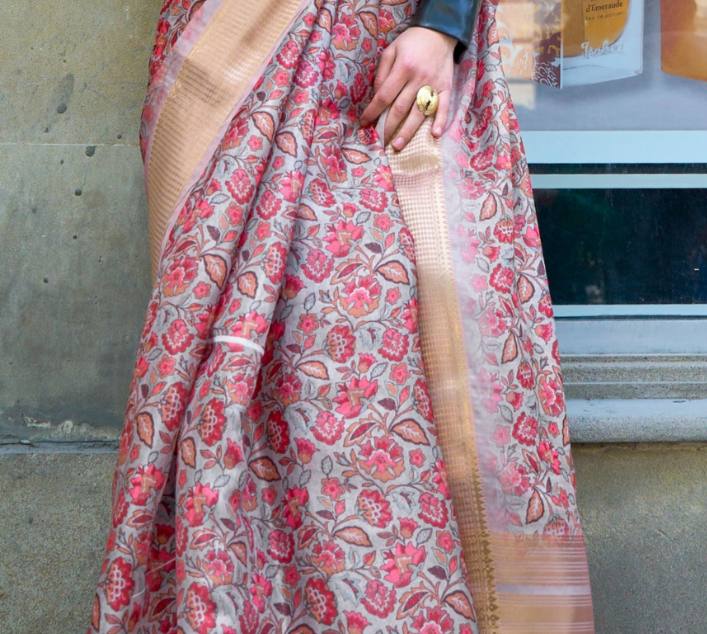 Beige Pink Print Satin Organza Weaving Saree