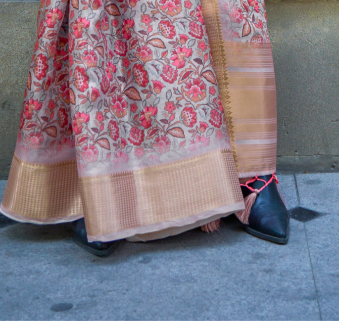 Beige Pink Print Satin Organza Weaving Saree