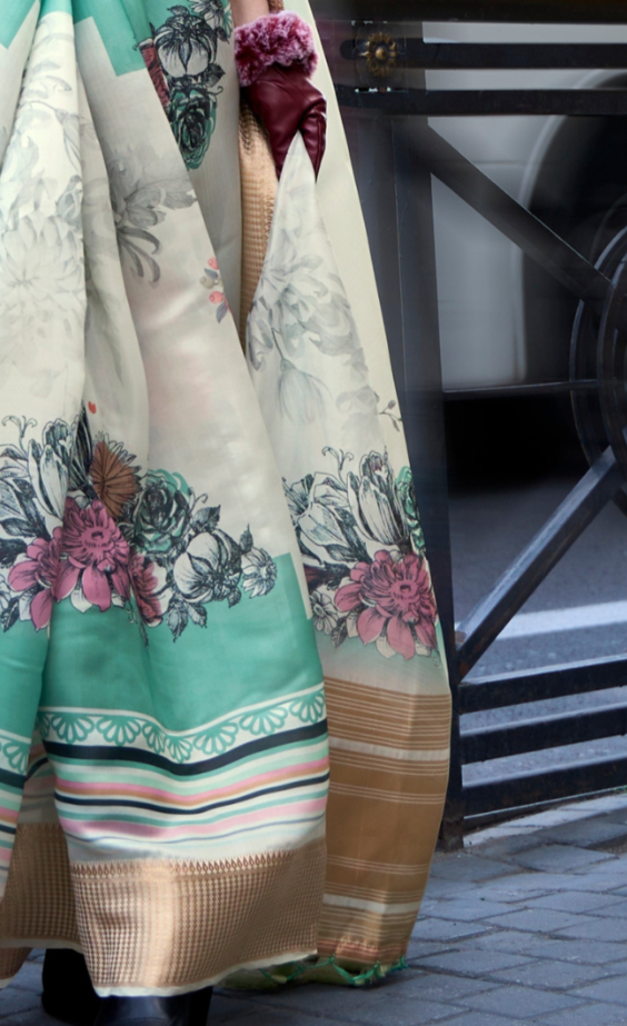 Cream Print Satin Organza Weaving Saree
