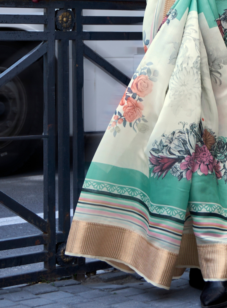 Cream Print Satin Organza Weaving Saree