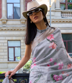 Grey Print Satin Organza Weaving Saree