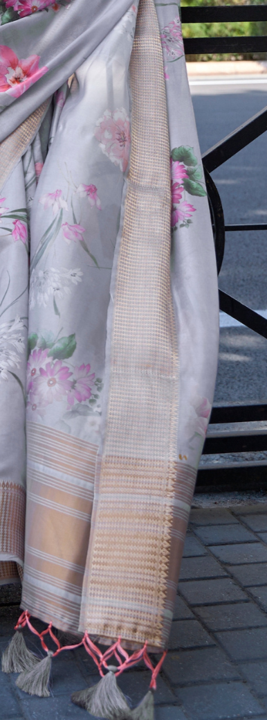 Grey Print Satin Organza Weaving Saree