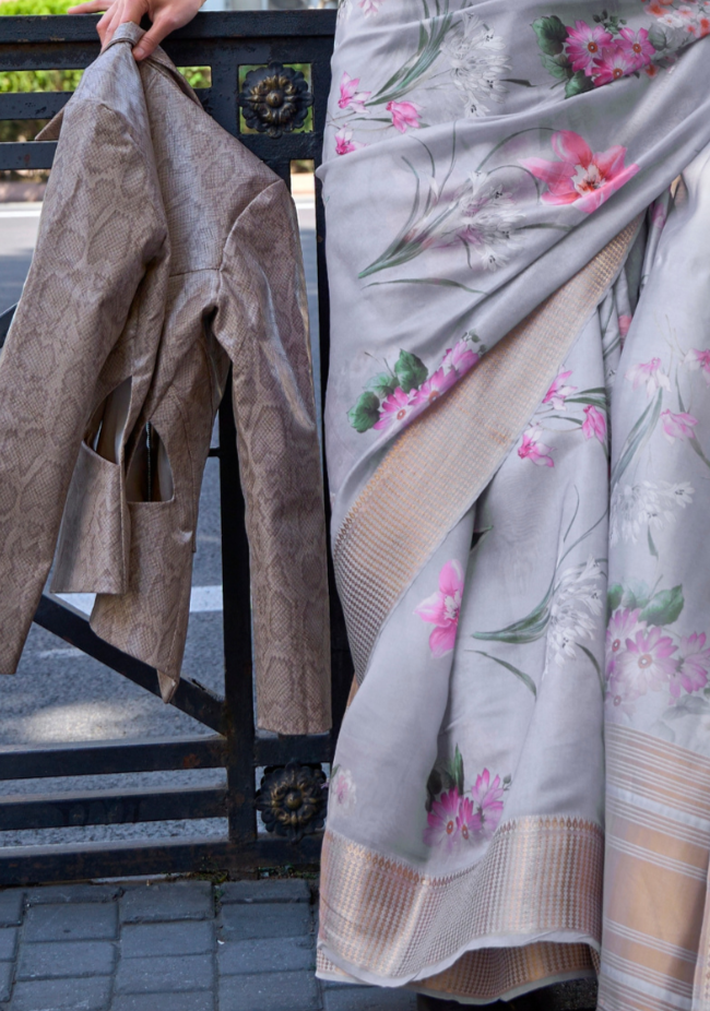 Grey Print Satin Organza Weaving Saree