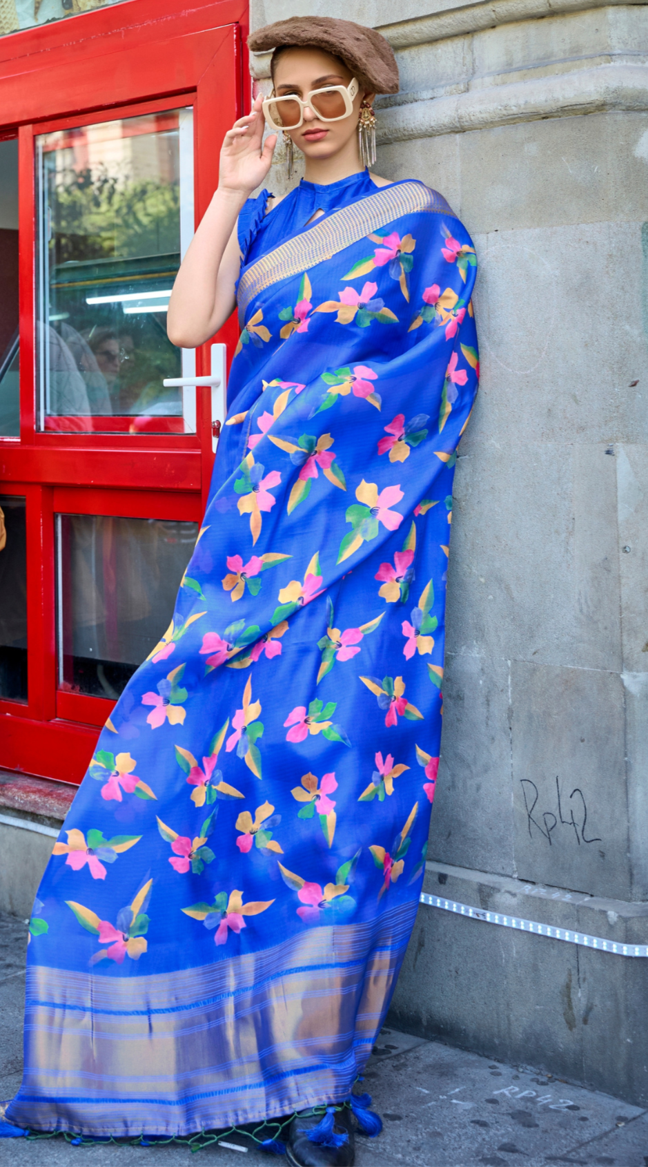 Royal Blue Print Satin Organza Weaving Saree