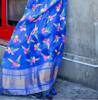 Royal Blue Print Satin Organza Weaving Saree
