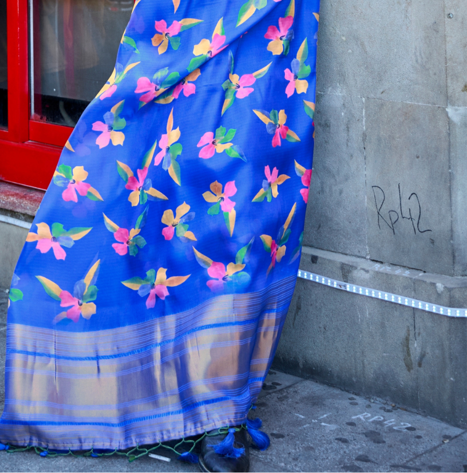 Royal Blue Print Satin Organza Weaving Saree
