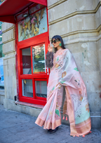 Peach Print Satin Organza Weaving Saree