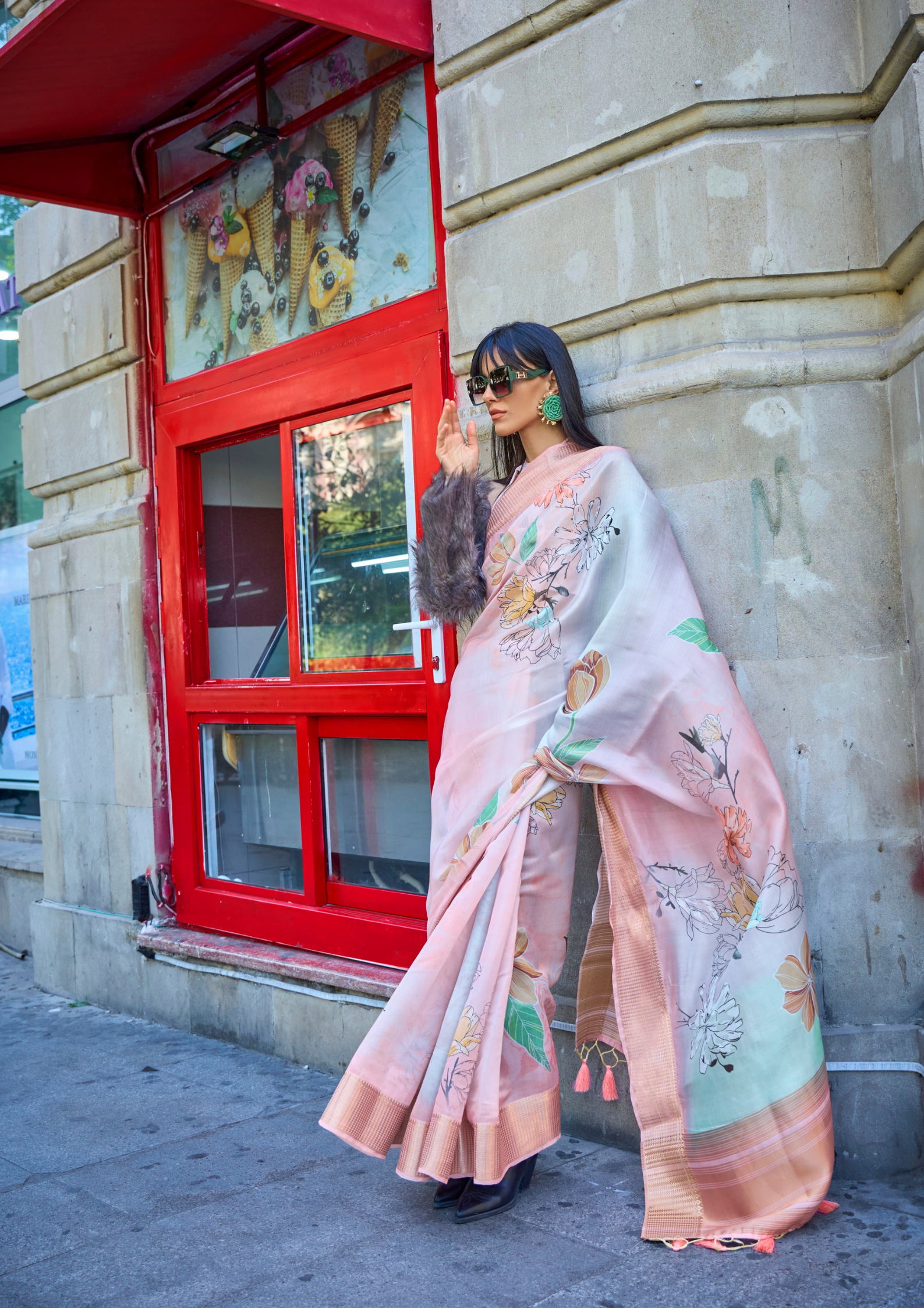 Peach Print Satin Organza Weaving Saree
