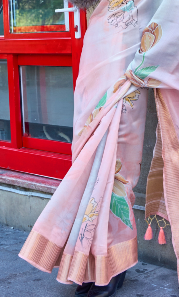 Peach Print Satin Organza Weaving Saree