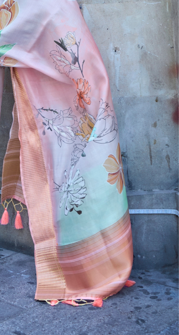 Peach Print Satin Organza Weaving Saree